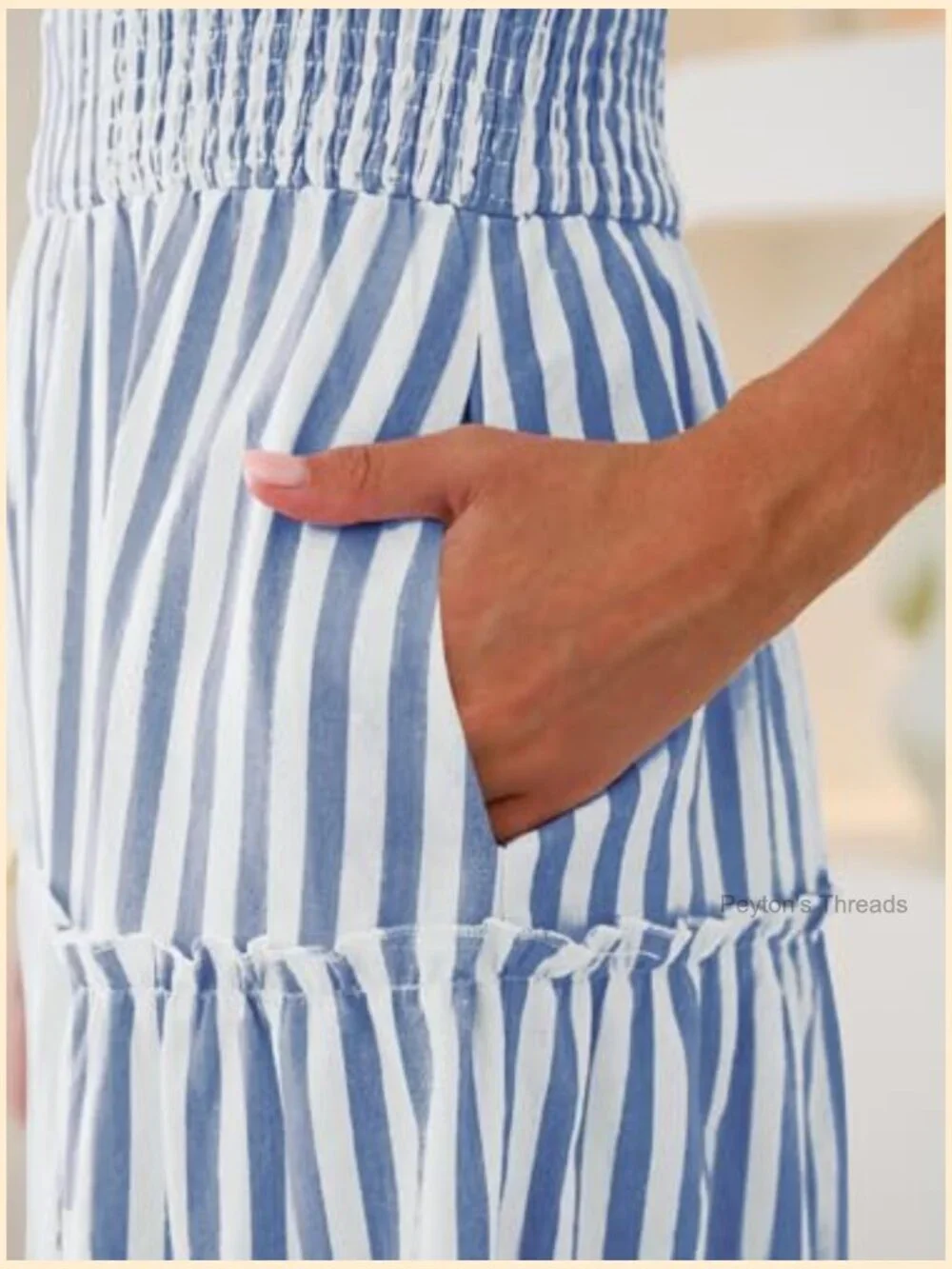 Women's Summer Maxi Dress V-Neck Cap Sleeve Gingham Striped Flowey Tiered Midi - Picture 6 of 7
